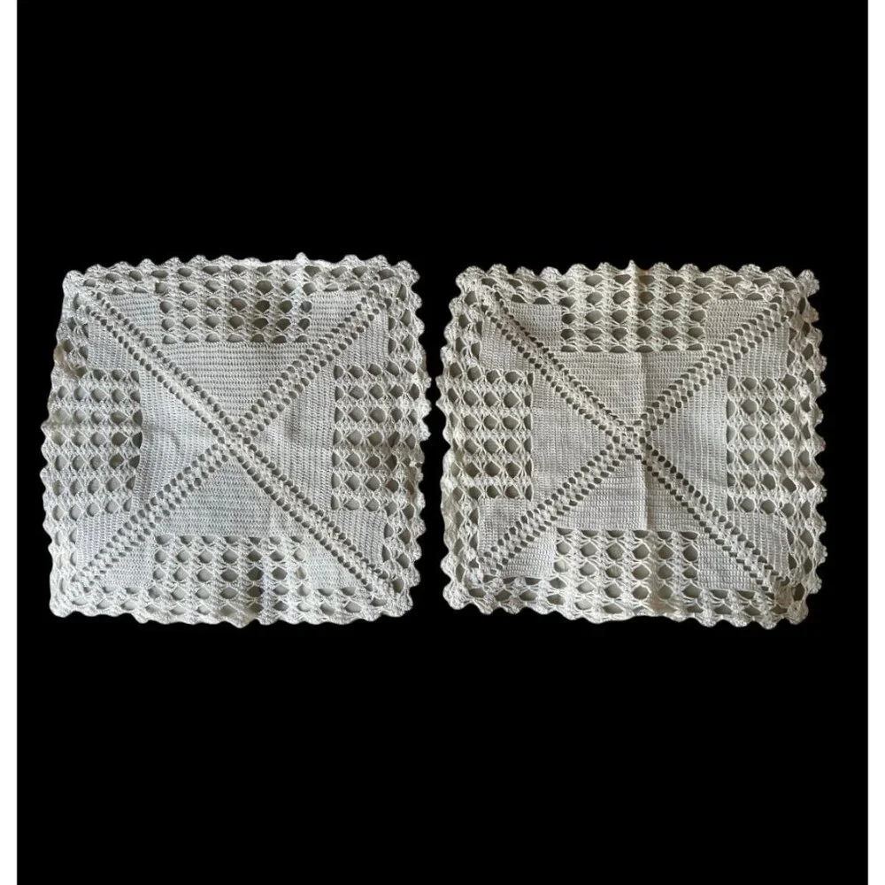Hand Crocheted White Cotton Doilies Square Cottage Core VTG Wedding Country